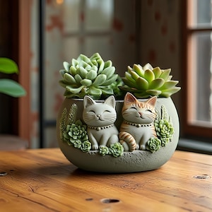 Può includere: Un vaso decorativo, di forma ovale, con due statuine di gatti sorridenti. Il vaso è riempito di piante grasse verdi. I gatti sono grigio chiaro e arancioni, con collari e strisce dettagliate. Il vaso è su una superficie di legno.