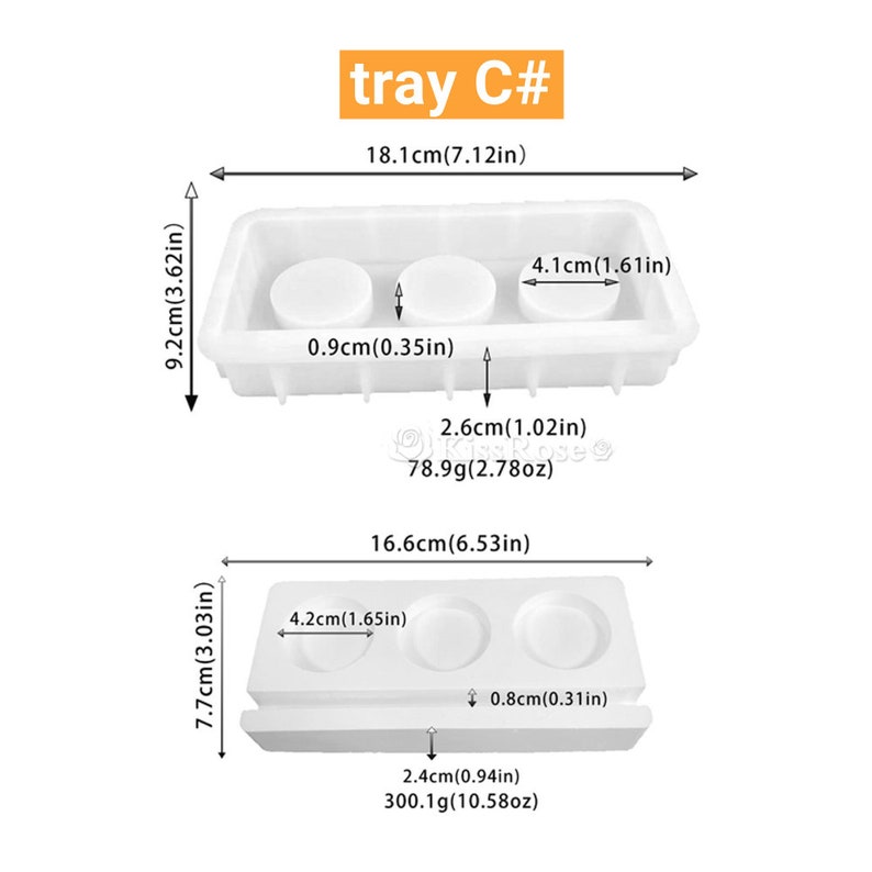 Puede incluir: Dos moldes de silicona blancos para hacer jabones o velas redondas. El molde m&aacute;s grande mide 16,6 cm de ancho y 7,7 cm de alto. El molde m&aacute;s peque&ntilde;o mide 18,1 cm de ancho y 9,2 cm de alto. Ambos moldes tienen una etiqueta con la leyenda tray C#.