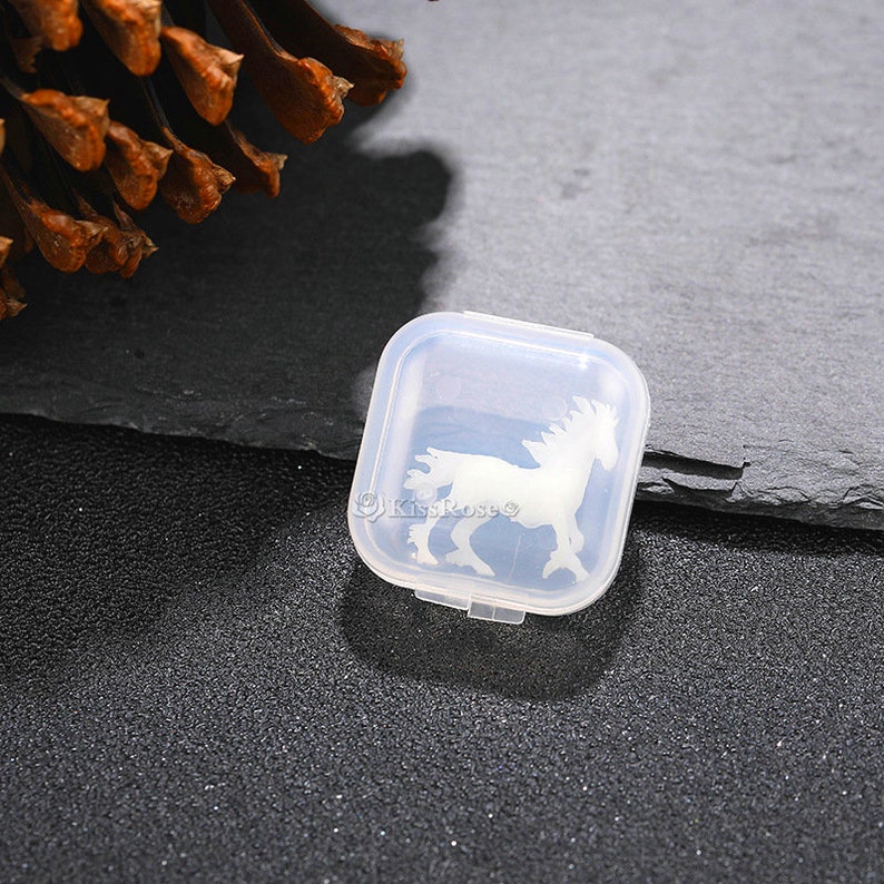 Op de afbeelding: Een vierkante, transparante plastic doos met een wit paard silhouet op de deksel. De doos is gesloten en staat op een donkergrijs oppervlak.