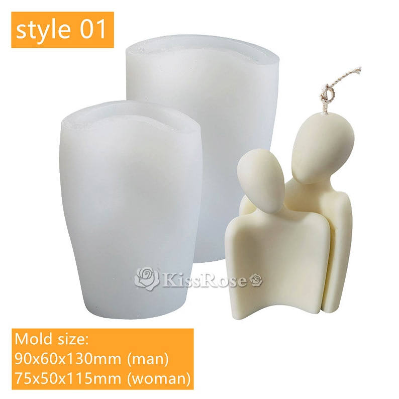 Pu&ograve; includere: Due stampi in silicone bianco per la realizzazione di candele. Lo stampo pi&ugrave; grande &egrave; di 90x60x130mm e quello pi&ugrave; piccolo di 75x50x115mm. Gli stampi sono mostrati accanto a una scultura di candela finita di due figure astratte.