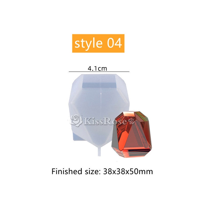 May include: A clear silicone mold for making a red gemstone. The mold is 4.1 cm tall and the finished size of the gemstone is 38x38x50 mm. The mold is shaped like a diamond.