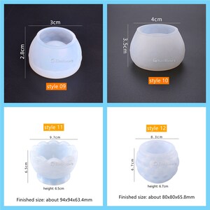 May include: Four silicone molds for making resin crafts. The molds are different shapes and sizes. The molds are white and have a smooth finish. The molds are labeled with the words "style 09", "style 10", "style 11", and "style 12".