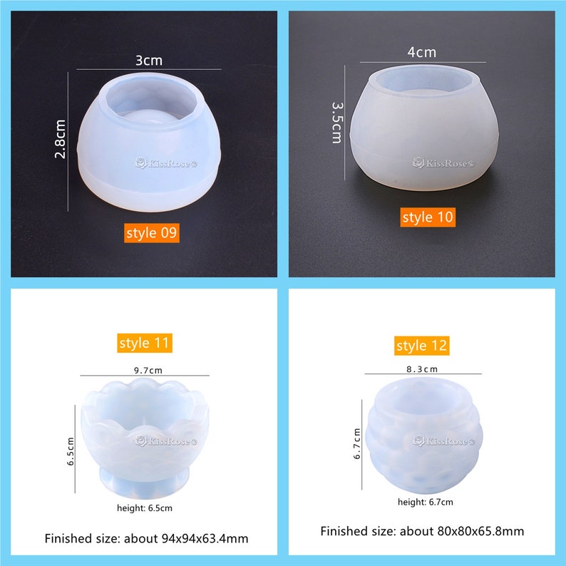 May include: Four silicone molds for making resin crafts. The molds are different shapes and sizes. The molds are white and have a smooth finish. The molds are labeled with the words "style 09", "style 10", "style 11", and "style 12".