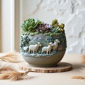 Può includere: Un vaso rotondo e decorativo con una scena pastorale scolpita con pecore, alberi e montagne. Il vaso è riempito con una varietà di piante grasse nelle tonalità del verde e del viola. Il vaso poggia su una fetta di legno.