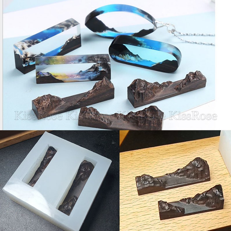 May include: Two silicone molds for resin casting, each with two rectangular cavities. The molds are shown next to two finished resin castings, which are rectangular and feature a mountain range design with a blue resin lake.