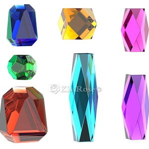 May include: A collection of seven faceted glass gems in various colors, including blue, yellow, pink, green, turquoise, and purple. The gems are arranged in a grid pattern on a white background.