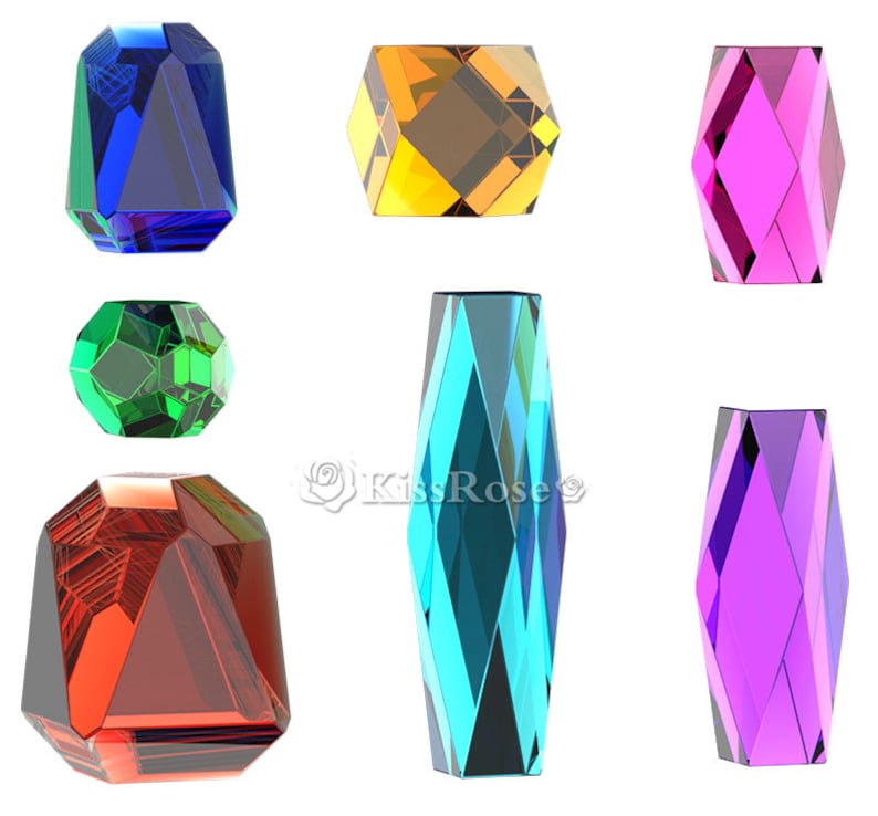 May include: A collection of seven faceted glass gems in various colors, including blue, yellow, pink, green, turquoise, and purple. The gems are arranged in a grid pattern on a white background.
