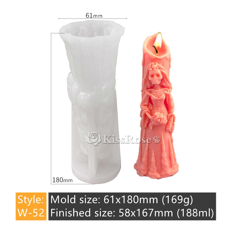 May include: White silicone mold for making a candle shaped like a skeleton bride in a wedding dress. The mold is 6.1 inches tall and 7.1 inches wide. The finished candle is 5.8 inches tall and 6.6 inches wide.