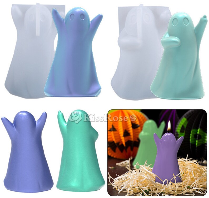 May include: Set of four ghost-shaped silicone molds for making candles. The molds are shown with finished candles in blue, green, and purple.