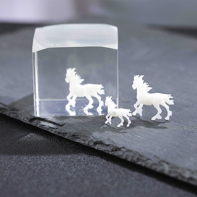 Op de afbeelding: Drie witte paardenfiguurtjes van hars, twee staand en een liggend, op een zwart leisteen oppervlak. Het grootste paard bevindt zich in een doorzichtige kubus.