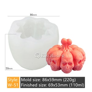 May include: A white silicone mold for making a skull-shaped pumpkin candle. The mold is 86mm x 59mm and the finished candle will be 69mm x 53mm. The mold is shown with a finished candle made from it.