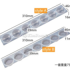 May include: Two clear silicone molds for making resin crafts. The molds are 310 mm long and 46 mm wide. The top mold has 6 round cavities, each with a different mandala design. The bottom mold has 4 round cavities, each with a different mandala design. The text "style A" and "style B" is printed on the molds. The text "一套重量75g" is printed on the bottom of the image.