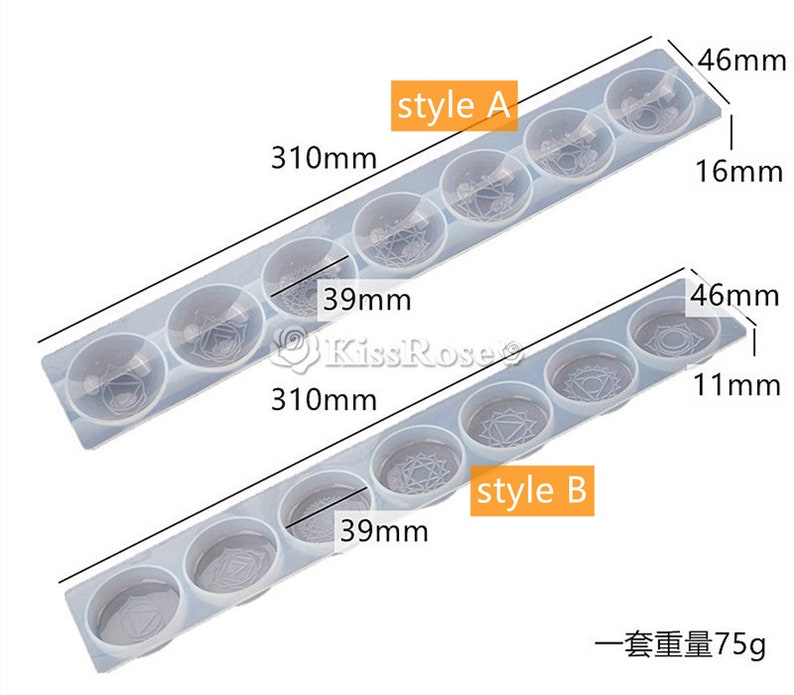 May include: Two clear silicone molds for making resin crafts. The molds are 310 mm long and 46 mm wide. The top mold has 6 round cavities, each with a different mandala design. The bottom mold has 4 round cavities, each with a different mandala design. The text "style A" and "style B" is printed on the molds. The text "一套重量75g" is printed on the bottom of the image.