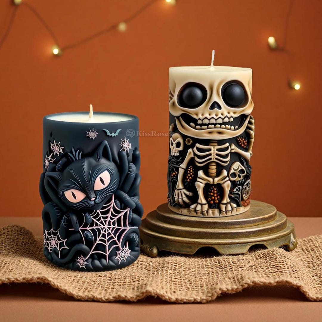 Embossed Black Cat/skeleton Candle Silicone Moldhalloween Decor Pillar