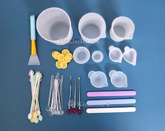 Zestaw narzędzi do rękodzieła z żywicy - silikonowy kubek pomiarowy ze skalą - silikonowy kubek dozujący - plastikowe pręty mieszające - silikonowe patyczki mieszające - zestaw narzędzi do żywicy