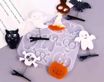 Halloween hair clip silicone mold-ghost/skull/bat/spider/devil wings hair accessories resin mold-Halloween Decoration Jewelry Mold-Resin art