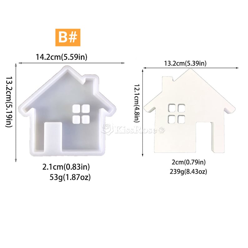 Pu&ograve; includere: Due stampi in silicone bianco a forma di case. Lo stampo a sinistra misura 14,2 cm di larghezza, 13,2 cm di altezza e 2,1 cm di profondit&agrave;. Lo stampo a destra misura 13,2 cm di larghezza, 12,1 cm di altezza e 2 cm di profondit&agrave;.