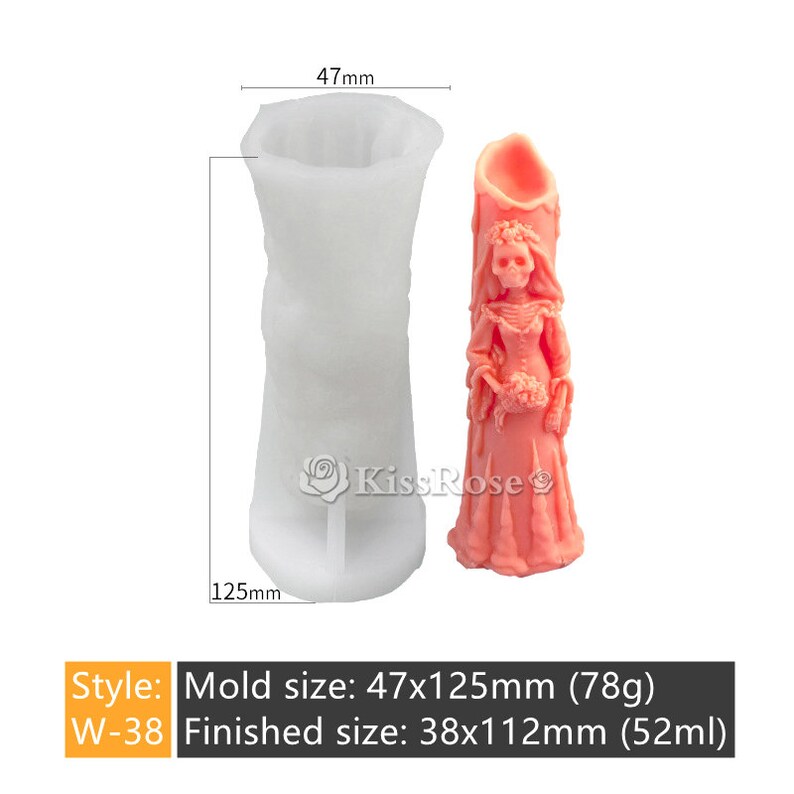 May include: White silicone mold for making a candle shaped like a skeleton bride. The mold is 4.7 inches tall and 4.9 inches wide. The finished candle is 1.5 inches wide and 4.4 inches tall.