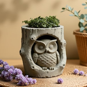 Könnte beinhalten: Ein grauer Beton-Eulen-Pflanztopf mit einer schlafenden Eulen-Skulptur im Inneren eines Baumstamms. Der Pflanztopf enthält grüne Pflanzen und ist von lila Blumen umgeben. Ein dekorativer Artikel für Haus oder Garten.