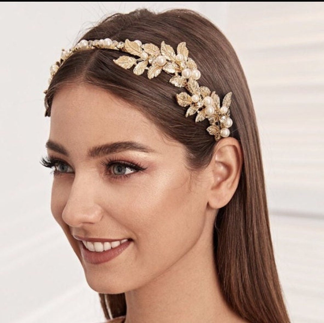 Gold Silver Flower Leaf Pearl Decor Tiara Headband Bridal Etsy UK