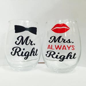 Mr Right and Mrs. Always Right Stemless Wine Glasses  Wedding wine glasses  Mr and Mrs  Bride and Groom