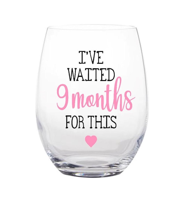 Expectant Mothers Ive Waited 9 Months for This Mothers Day Wine Glass 15oz Birthday Newborns Blue | Funny Personalized Novelty Stemless Glass Gifts for Expecting Boy Mom Pregnant Women