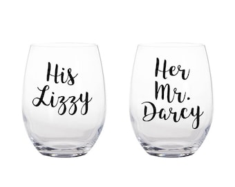 Copas de vino de Orgullo y Prejuicio/Copas de vino de Jane Austen/Su Mr. Darcy. Su Lizzy. Juego de 2.