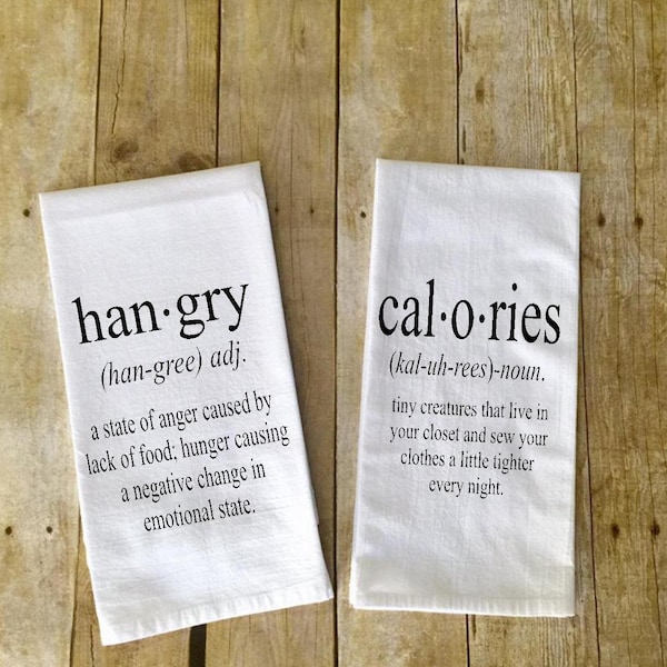 SET of 2 kitchen towels Hangry definition Calories definition