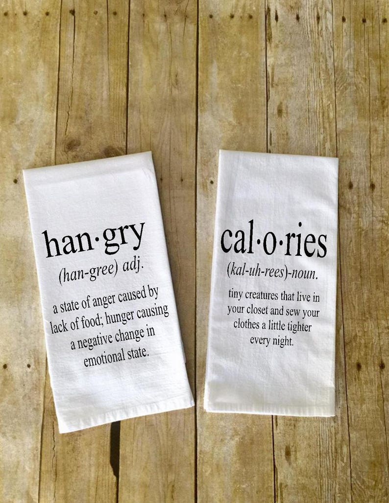 SET of 2 kitchen towels Hangry definition Calories definition image 1