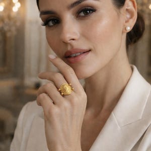 May include: A gold ring with a coin-like design featuring a profile portrait. The ring has a round face with a detailed relief and is accented with small, round embellishments. The woman is wearing a white blazer and a pearl earring.
