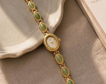 Montre Femme Luxe Ovale Or & Argent – Bracelet Jade Vert ou Œil de Tigre – Montre Bijou Élégante – Cadeau Femme Chic