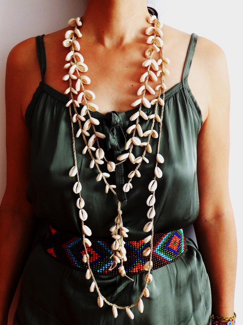 Long Cowrie shell necklace. Braided jute rope. image 4