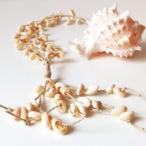 Long Cowrie shell necklace. Braided jute rope.