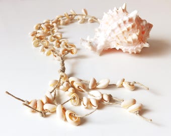 Long Cowrie shell necklace. Braided jute rope.