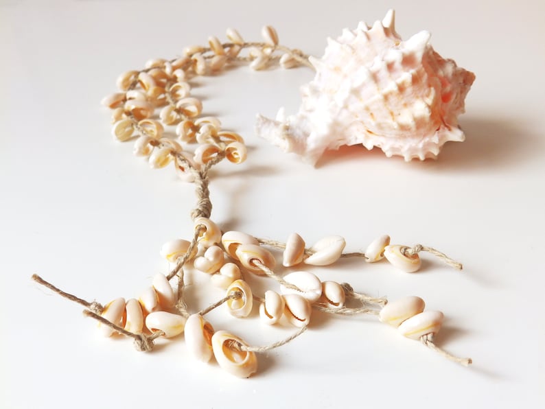 Long Cowrie shell necklace. Braided jute rope. image 1