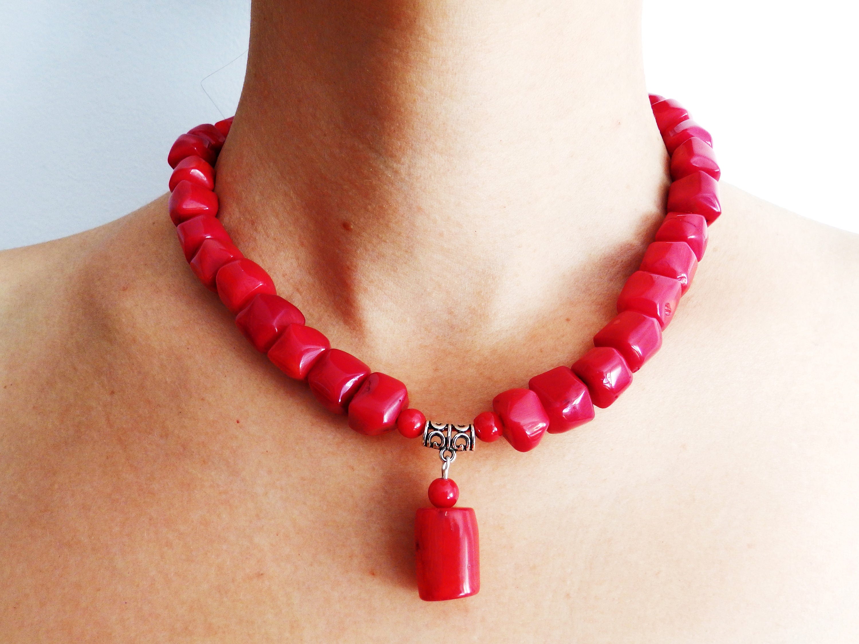 Elegant brown lava and coral necklace with magnetic clasp gemstone jewelry Gemstone necklace long necklace