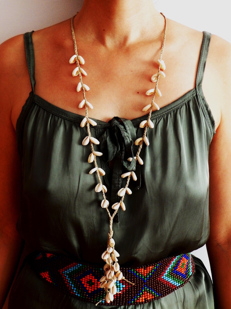 Long Cowrie shell necklace. Braided jute rope. image 3