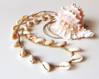 Cowrie shell necklace. Braided jute rope.