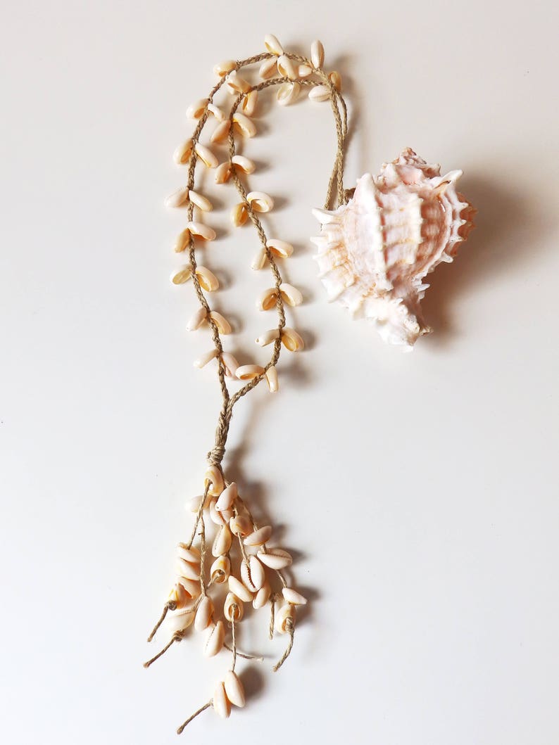 Long Cowrie shell necklace. Braided jute rope. image 2