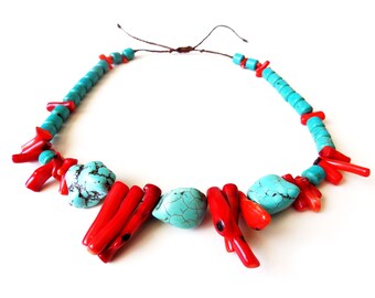 Red Coral and Blue Turquoise stones necklace. Macramé termination.