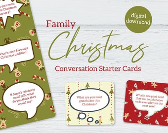 Family Christmas conversation starter cards, Xmas games for kids families, Christmas in July, party icebreaker questions. PRINTABLE download