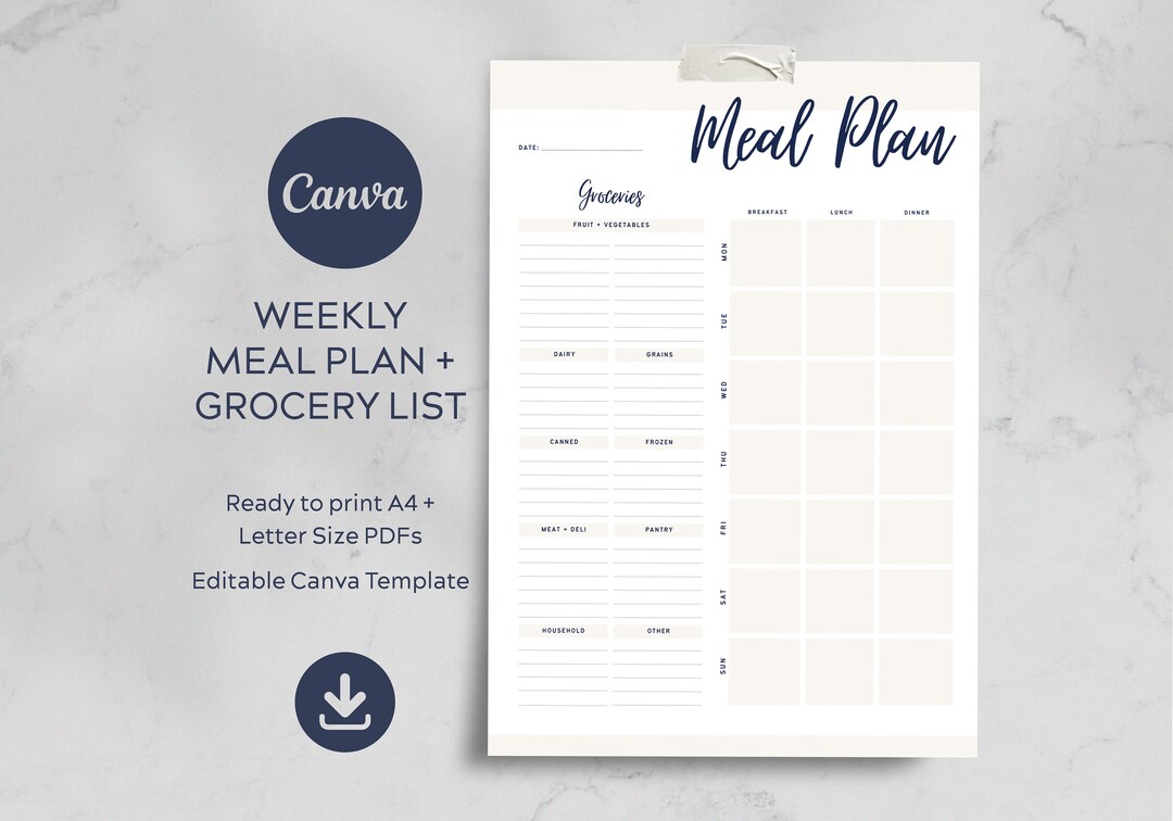 Weekly Meal Planner Printable Template Grocery List, Canva Template ...