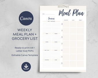 Weekly Meal Planner Printable Template Grocery List, Canva Template, Shopping List, Menu Planning, Meal Prep Digital INSTANT DOWNLOAD