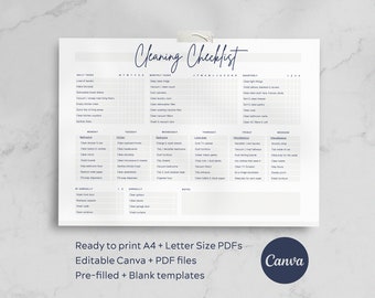 Cleaning schedule planner checklist printable, daily weekly monthly chores, editable in Canva Digital INSTANT DOWNLOAD