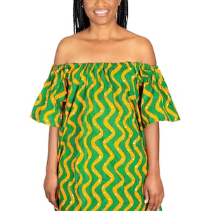 Green/Orange - Off-the-shoulder African Dress