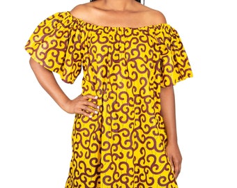 Amarelo/Vermelho - Vestido Africano com ombros largos