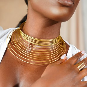 African Choker Multi Layer Brass Coil Necklace Cleopatra Egyptian Statement Jewelry Ethnic Tribal Gothic High Neck Gold Choker image 2