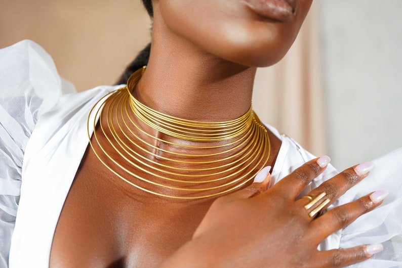 African Choker Multi Layer Brass Coil Necklace Cleopatra Egyptian Statement Jewelry Ethnic Tribal Gothic High Neck Gold Choker image 2