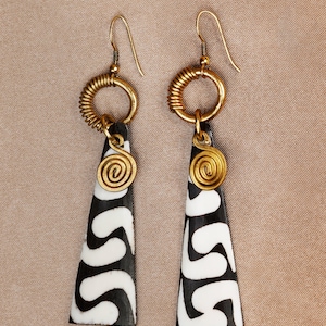 Ziga Brass Earring African Print Black White Boho Tribal Ethnic Geometric Half Circle Long Dangling Earrings Statement Jewelry Birthday Gift