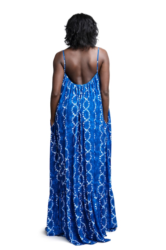 Blue Maxi Dress with Pockets Vibrant Elegant Statement African Ankara Flowy Dress with Low Back Evening Party Royal Dress